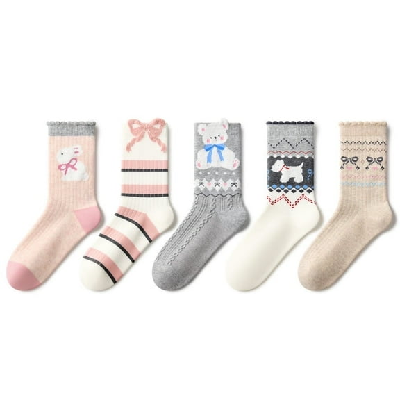 Beibi 5-Pair Pack Girls' Mid-Calf Socks Cartoon Animal Patterns Suitable for All Seasons For Children 4 Years and Up