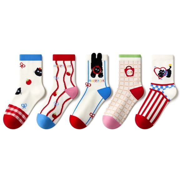 Beibi 5-Pair Pack Girls' Mid-Calf Socks Cartoon Kitten Design All-Season Wear Suitable for Children 4 Years and Up