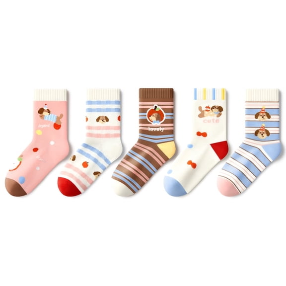 Beibi 5-Pair Pack Girls' Mid-Calf Socks Dachshund Pattern Suitable for Spring, Fall, and Winter For ages 7-13 and up