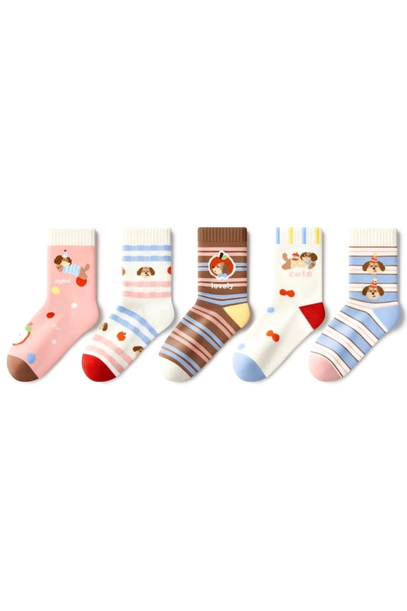 5-Pair Pack Girls' Mid-Calf Socks Dachshund Pattern Suitable for Spring, Fall, and Winter For ages 7-13 and up