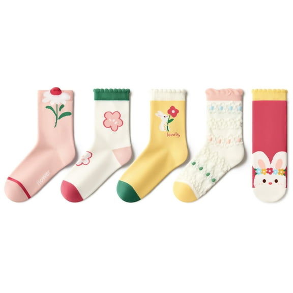 Beibi 5-Pair Pack Girls' Mid-Calf Socks Floral and Rabbit Patterns All-Season Wear Suitable for Children 4 Years and Up