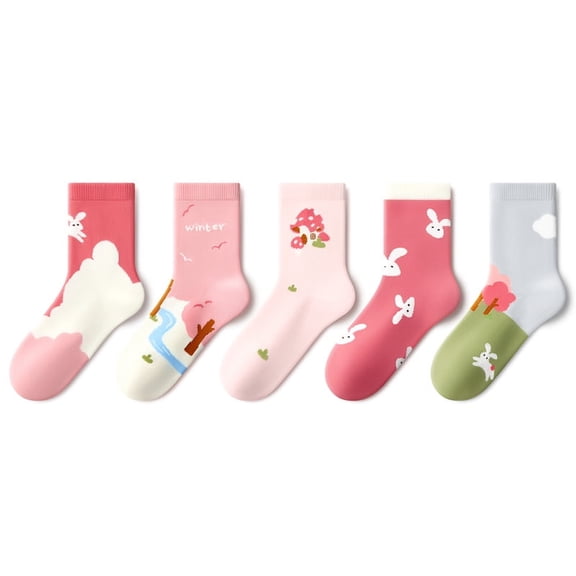 Beibi 5-Pair Pack Girls' Mid-Calf Socks Pink Rabbit Design Suitable for Spring, Autumn, and Winter For ages 4 and up