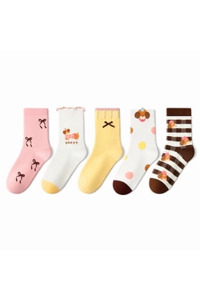 5-Pair Pack Girls' Mid-Calf Socks with Dachshund Design, All-Season Use, Suitable for Ages 7 and Up