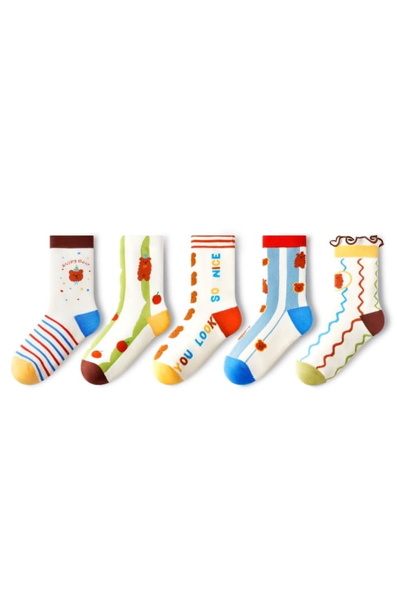 5-Pair Pack Unisex Cartoon Thickened Mid-Calf Socks Suitable for Spring, Autumn, and Winter For Ages 2 and Up