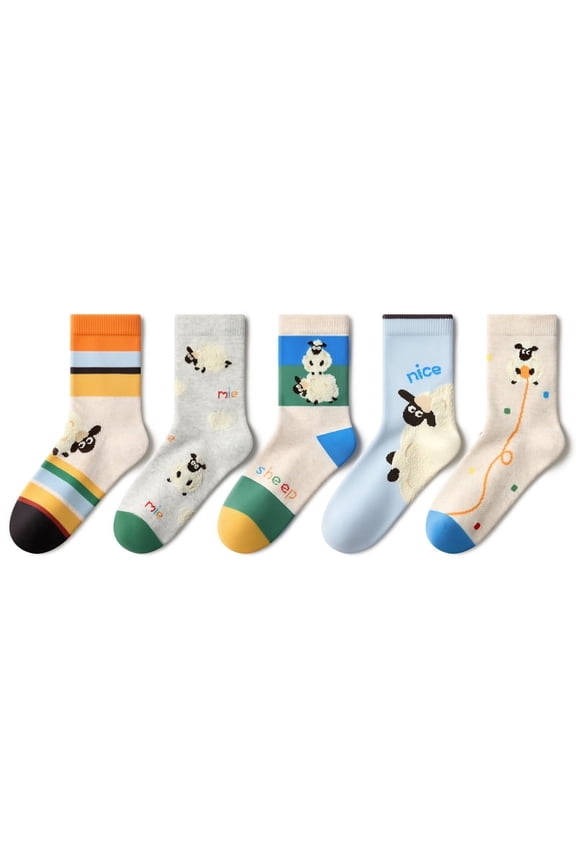 5-Pair Pack Unisex Children's Mid-Calf Socks Cartoon Lamb Design Suitable for All Seasons For Children Ages 4 and Up