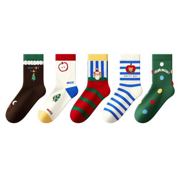 Beibi 5-Pair Pack Unisex Children's Mid-Calf Socks Christmas & All-Season Style Suitable for Children Ages 4 and Up