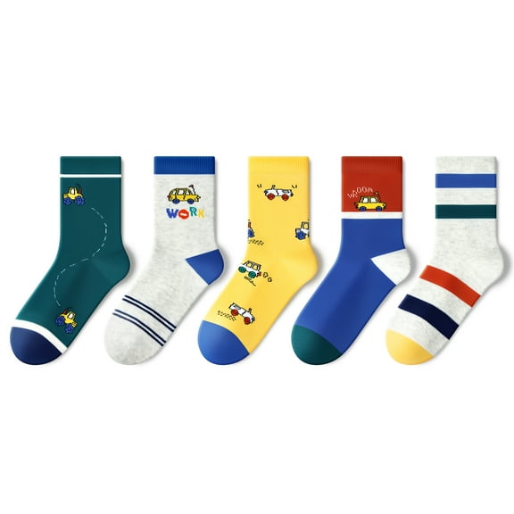 Beibi 5 Pairs Boys' Mid-Calf Socks, Cartoon-Printed Cotton Ankle Socks, Suitable for Ages 4 and Up