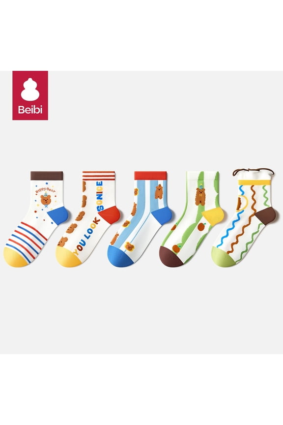 5-pair pack of spring and summer thin mid-calf socks, with cute bear cartoon animal patterns, suitable for ages 3 and above