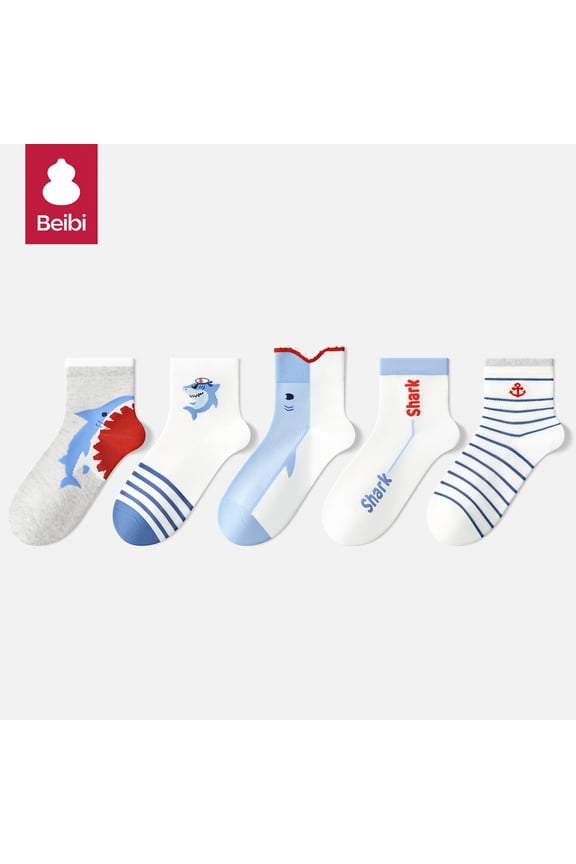 5-pair pack of summer thin mid-calf socks, with cartoon shark animal print, suitable for ages 3 and above