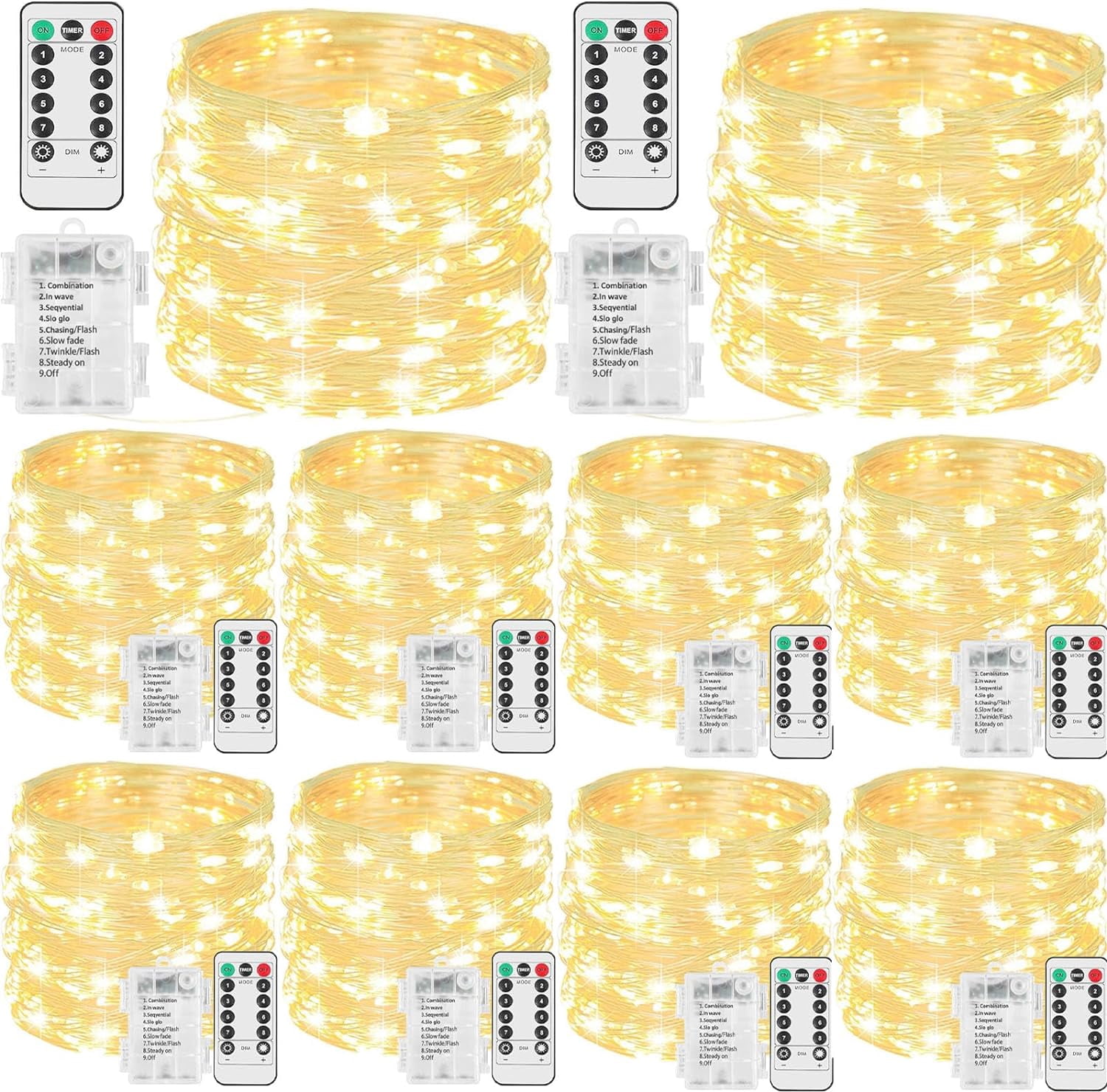 10 Pack 33ft 100 LED Fairy Lights With Remote - Battery Operated, Waterproof, 8 Modes & Timer (Warm White)
