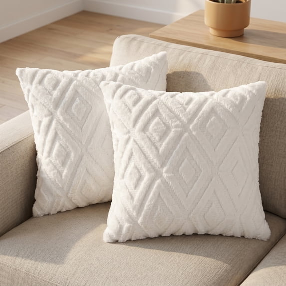 REGALWOVEN Set of 2 Shaggy Plush Throw Pillow Covers Couch Pillow Covers for Home Beige-1 18" x 18"