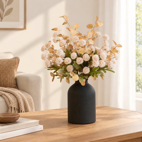 Beige 1 Artificial Kiku Flower Arrangement with Metal Vase for Table Centerpieces