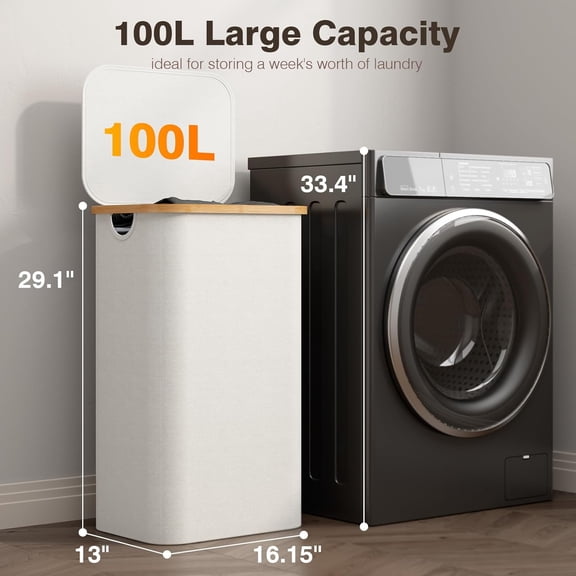 Beige 100L Laundry Hamper with Lid - Large Basket with Bamboo Handles & Removable Bag for Bedroom Aesthetic Storage