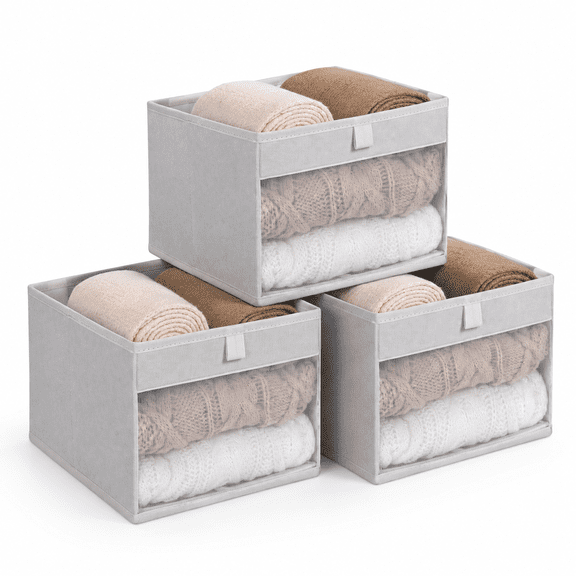Beige 11"L x 11"W x 8"H-3 Pack Fabric Storage Bins with Clear Window