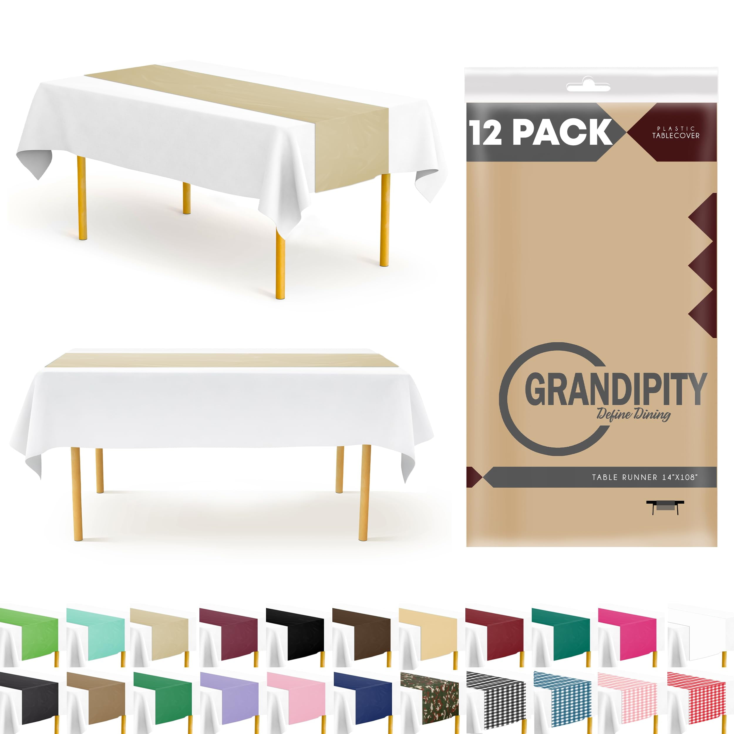Beige 12 Pack Premium Disposable Plastic Table Runner 14 x 108 Inch. Decorative Table Runner for Dinner Parties & Events, Decor By Grandipity
