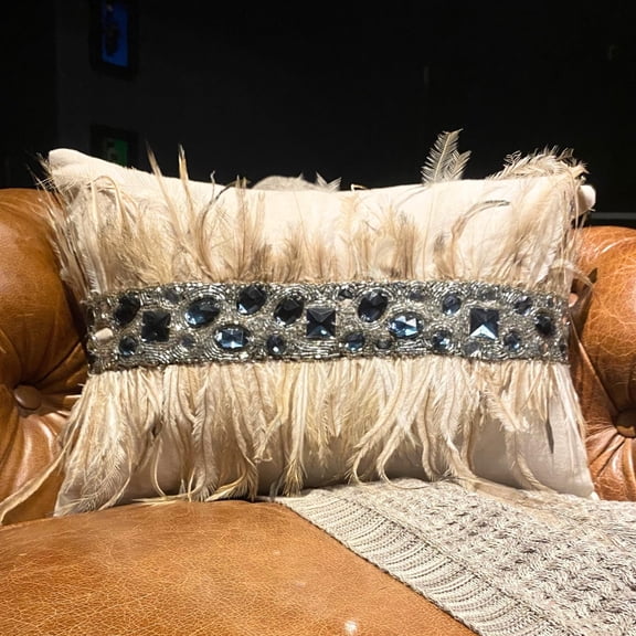 Beige 12"x16" (30x40 cm) Lumbar Cushion Covers, Linen Feathers, Crystals & Beaded Bed Pillow Case, Animal Pattern Modern Style - Rhinestone Feathers