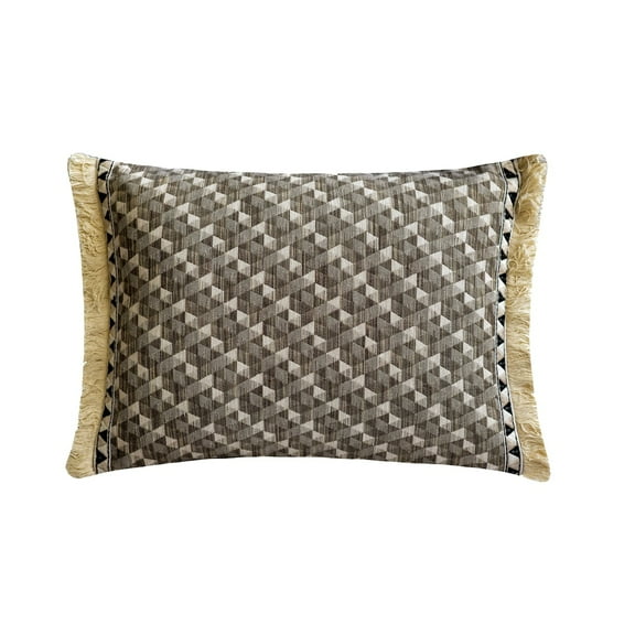 Beige 12"x16" (30x40 cm) Lumbar Pillow Cover, Jacquard Moroccan & Lace Oblong Pillow, Geometric Pattern Contemporary Style - Moroccan Trey