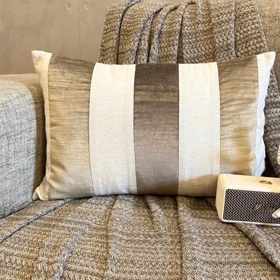 Beige 12"x26" (30x65 cm) Lumbar Pillow Cover, Velvet & Linen Patchwork Oblong Pillow, Striped Pattern Modern Style - Swathe Beige
