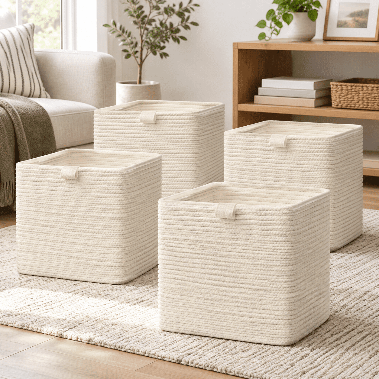 Cubing Language Beige 13×13×13 Inches Cotton Rope Woven Cube Storage Organizer Basket ...