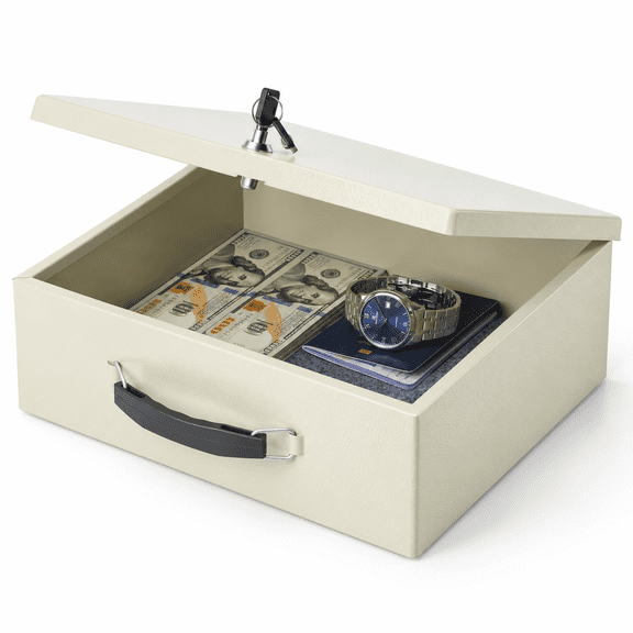 Beige 13.2" x 11" x 4.13" Portable Metal Fire Resistant Document Safe