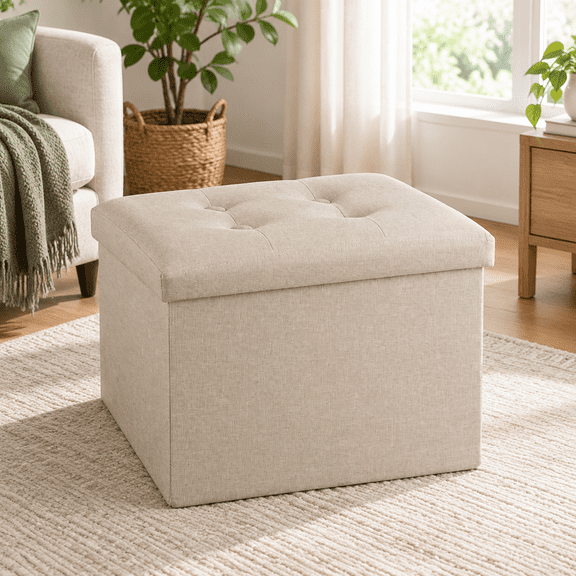 Beige 13"D x 17"W x 13"H Foldable Storage Ottoman Footrest Stool