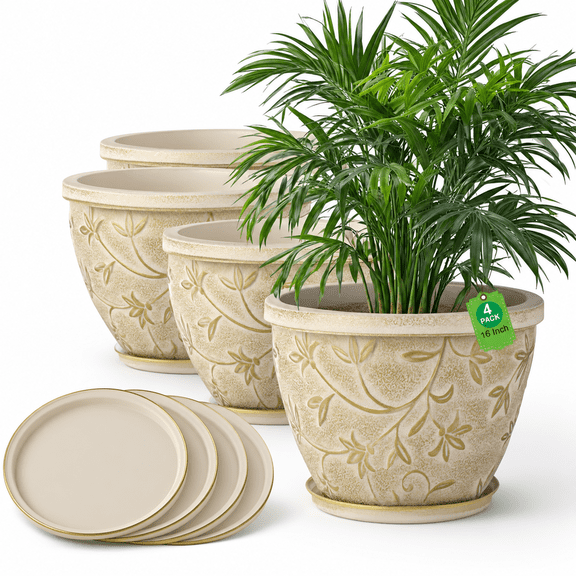 Beige 16 Inch 4 Pack Plastic Plant Pots with Drainage Holes and Trays