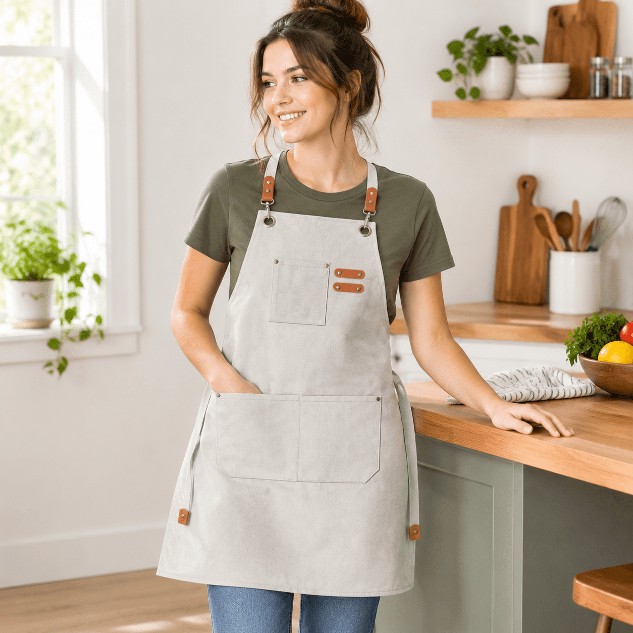 Beige 16-ounce Cotton Canvas Cross Apron with Large Pockets for Men and ...