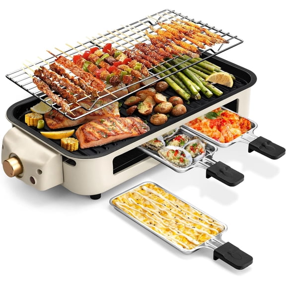 Beige 1700W 2-in-1 Indoor Electric BBQ Grill, Smokeless Tabletop Griller with Detachable Non-Stick Plate & Grill Rack, Adjustable Heat Control for Family Korean BBQ