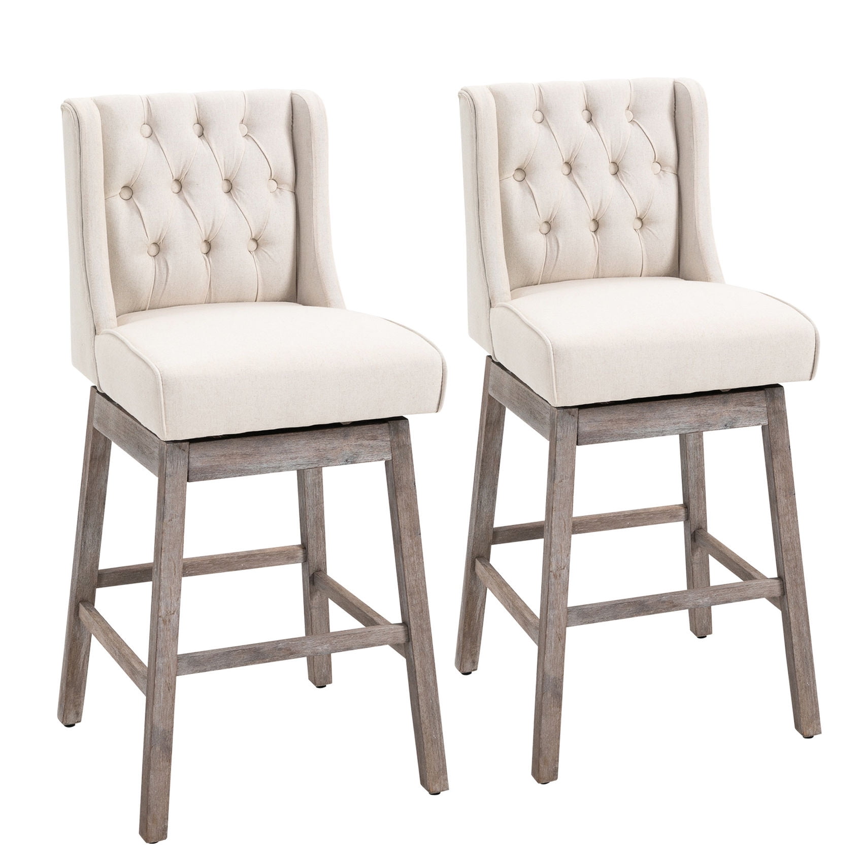 Beige 180 Degree Swivel Bar Stools Set of 2 with Solid Rubberwood Legs ...