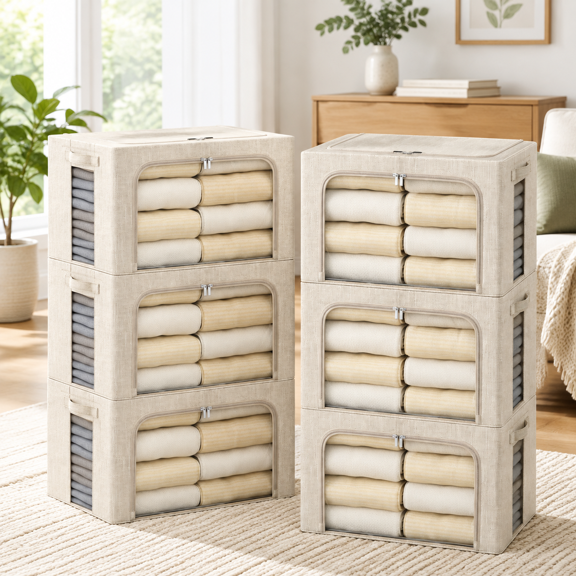 Beige 19.7x15.7x13 inch(66L) 6 Pack Linen Fabric Foldable Storage Chest Boxes with Metal Frame