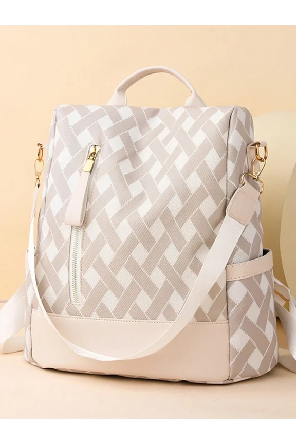 Beige-2 Herringbone Pattern Anti-Theft Convertible Backpack With Front Zip