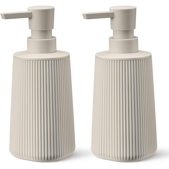 Beige 2 Pack Hand Soap Dispensers Set with No Rust Pump for Bathroom and Kitchen Countertops Refillable Matte Striped Plastic 8.5 oz