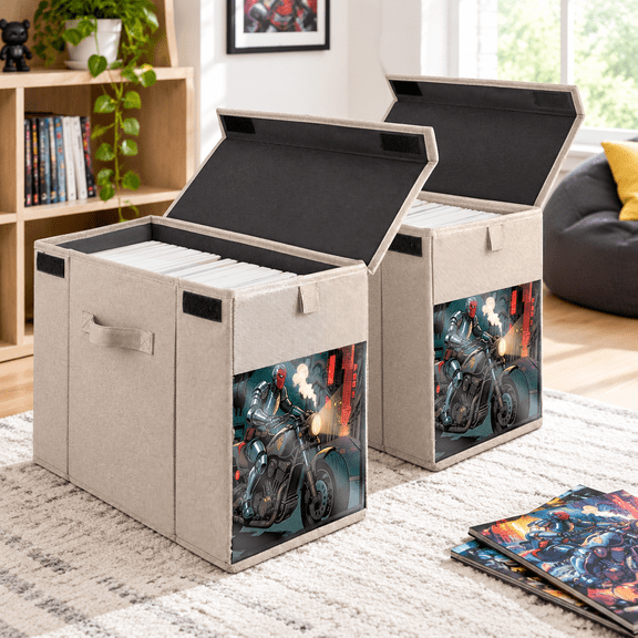 Beige 2 Pack Polyester Comic Book Storage Boxes with Lid and Window