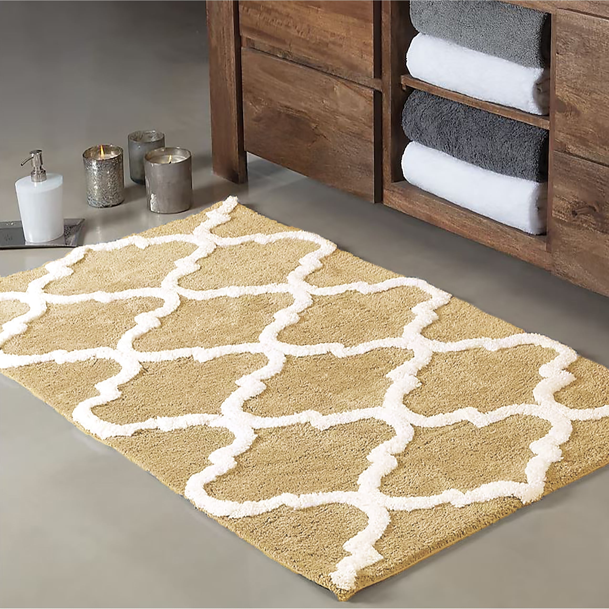 Beige and White Cotton Trellis Pattern Bath Rug Set