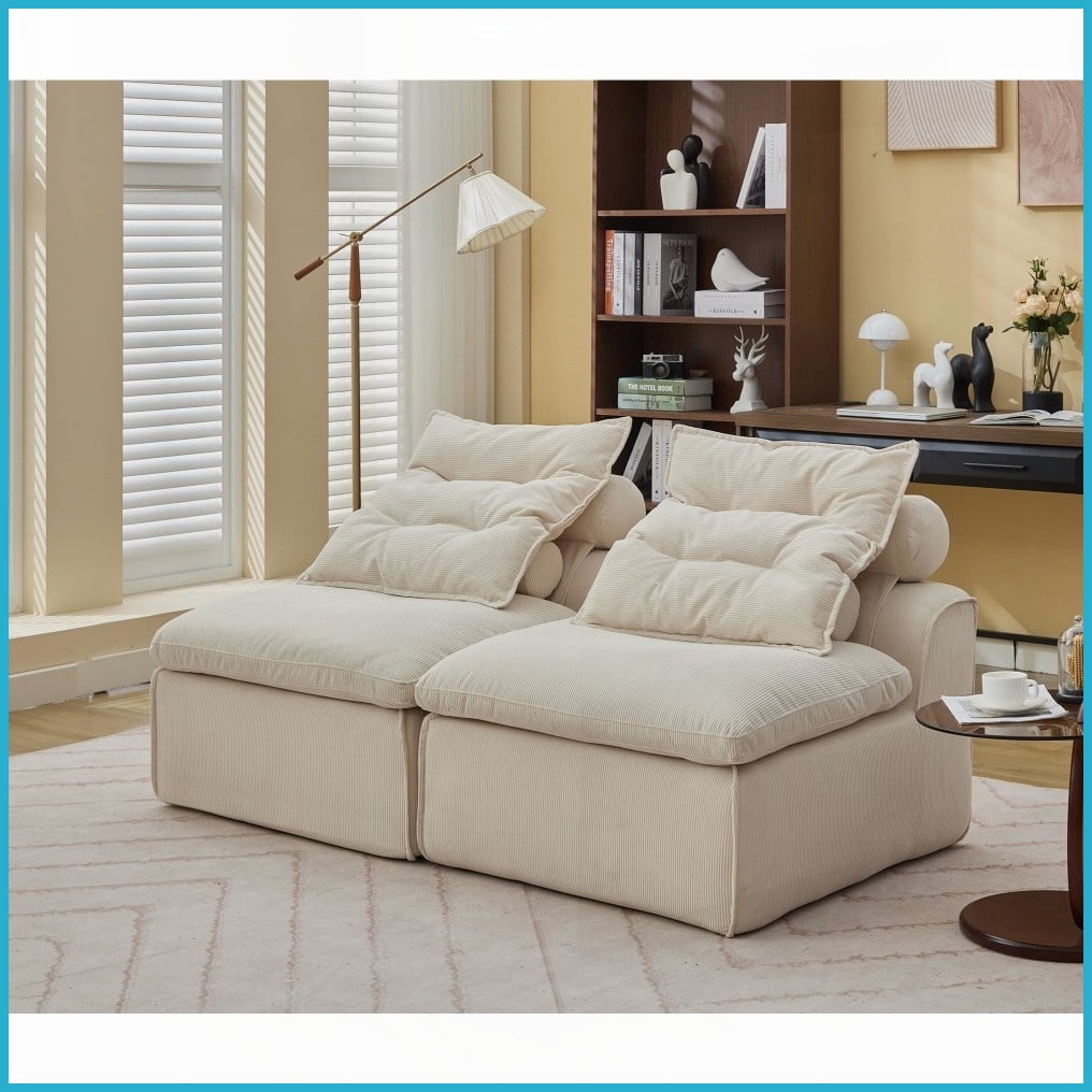 Beige 2-Seat Modular Corduroy Sofa - Armrest-Free DIY Design for Small Spaces with Neck & Lumbar Pillows