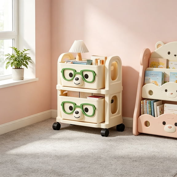Beige 2-Tier Wheeled Plastic Mobile Storage Cart Cute Bear Glasses Design Hollow Ventilated Compartments Multifunctional Rolling Organizer For Living Room Bedroom Kitchen Bathroom