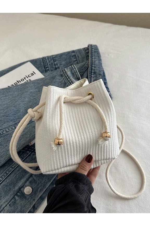 Beige-2 Woven Mini Drawstring Shoulder Bag With Gold-Tone Hardware