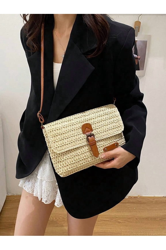 Beige-2 Woven Raffia Saddle Crossbody Bag With Leather Buckle Closure