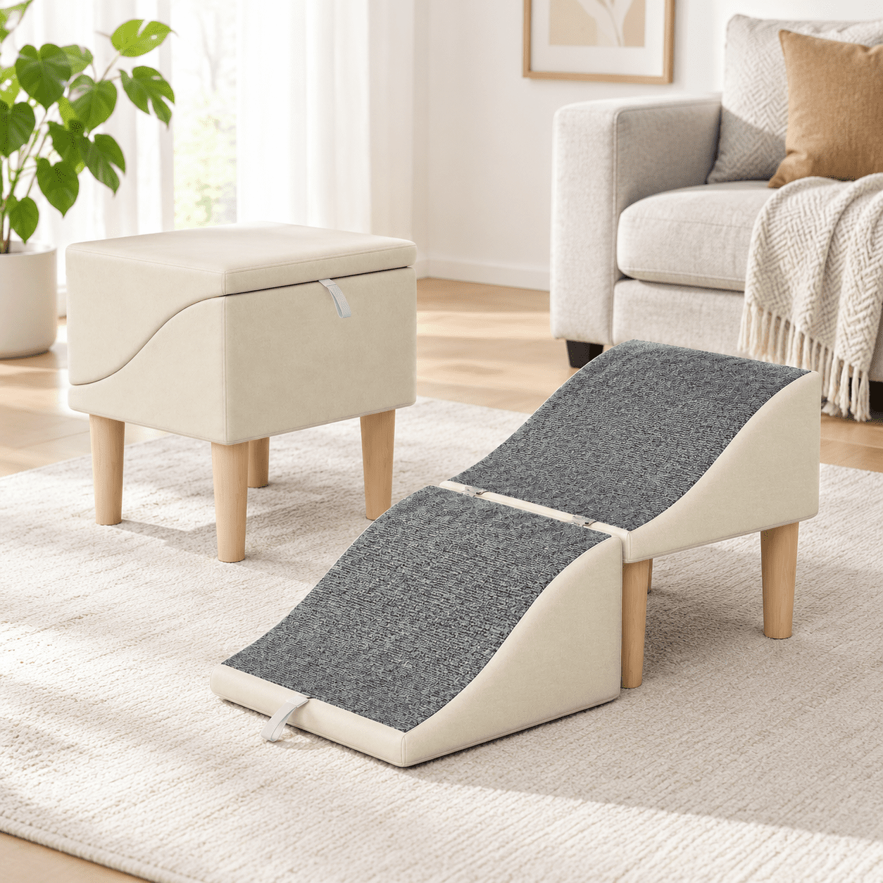 Beige 2-in-1 Foldable Pet Ramp Ottoman for Small Dogs and Senior Pets ...