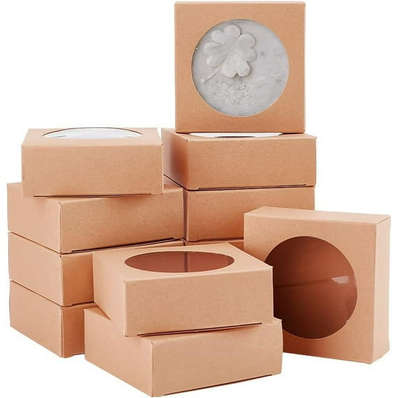 Beige 24 Packs Brown Kraft Square Paper Boxes Gift Wrapping Box with Round Clear Window 3x3x1.2 for Homemade Soap Party Favor Treats and Jewelry Packaging