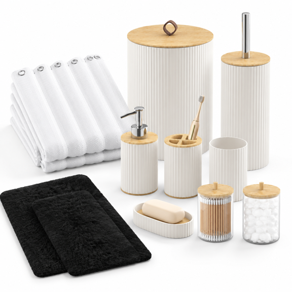 Beige 24Pcs Bathroom Accessories Set All-In-One Shower Curtain Decor Kit