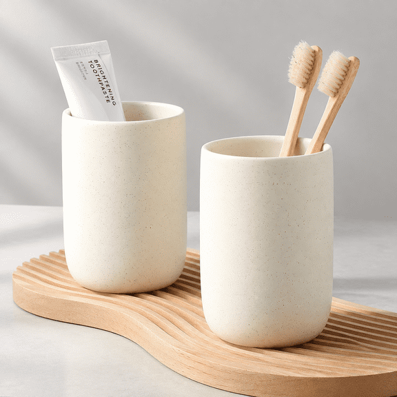 Beige 2pcs Ceramic Toothbrush Holders Set for Bathroom Counter Organization