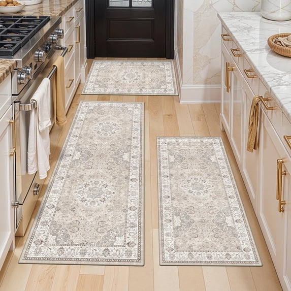 Beige 2x3+2x4+2x5 Runner Rug Set, 3-Piece Washable Non-Slip Floor Mat for Kitchen, Entryway