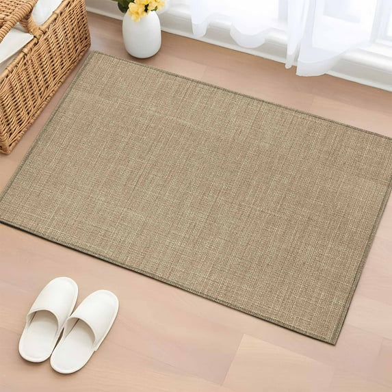 Beige 2x3 Door Mat Rug, Farmhouse Burlap Solid Brown Color Modern Linen Texture Non-Skid Rubber Backing Large Rectangle Rugs - Living Room Bedroom Home Office, Indoor Floor Mat Carpets Washable Rug