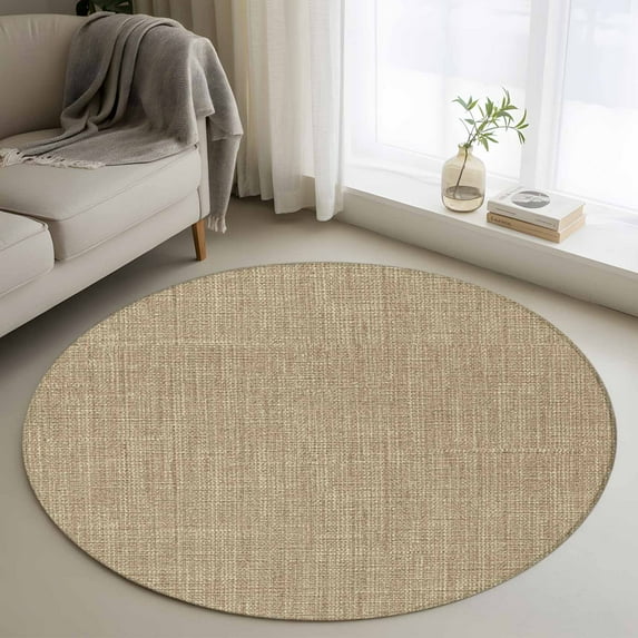 Beige 3.3ft Round Rug, Farmhouse Burlap Solid Brown Color Modern Linen Texture Non-Skid Rubber Backing Large Area Rugs - Living Room Bedroom Home Office, Indoor Floor Mat Carpets Washable Rug