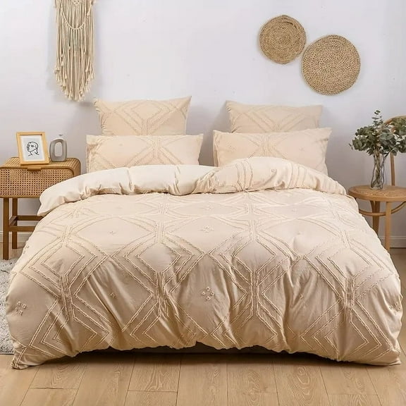 Beige 3 Piece Boho Tufted Duvet Cover Set, Soft And Comfortable Bedding With Pillowcases, All Seasons Use For Home And Guest Room, 200X230Cm Queen Size, 100% Cotton Material