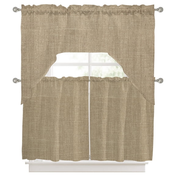 Beige 3 Pieces Swag Kitchen Curtains Set, Farmhouse Burlap Solid Brown Color Modern Linen Texture Valance Swag & Small Window Tier Curtain 24 Inches Long, 56" x 36" Valance Topper Drapes for Cafe