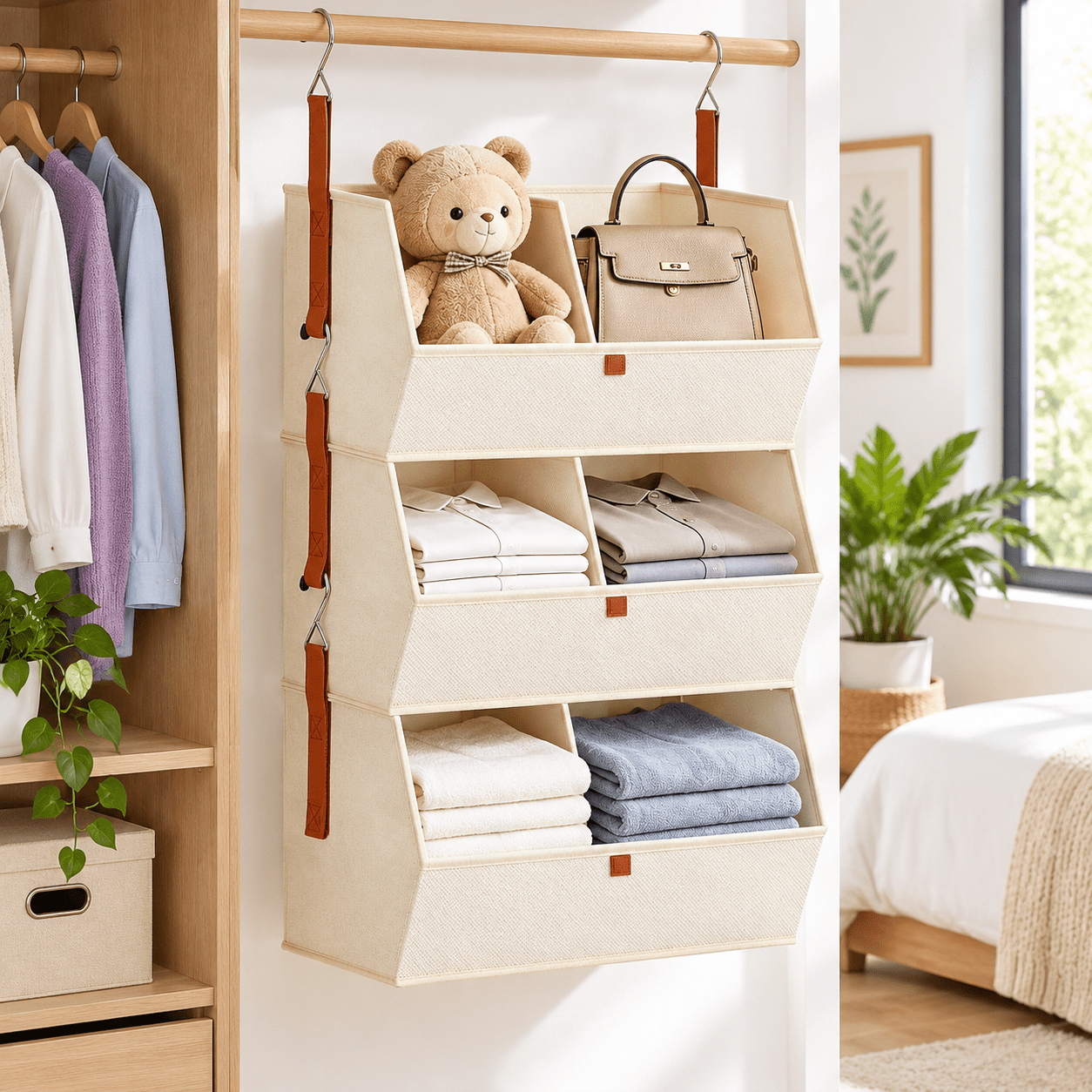 Beige 3-Tier Hanging Closet Organizer, Space-Saving Modular Storage for ...