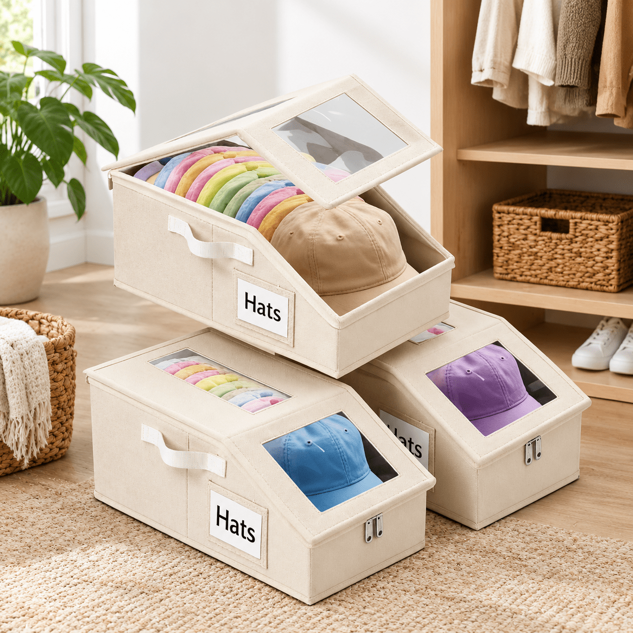 Storage Box Or Racks Beige 3-pack Stackable Hat Storage Organizer Boxes for Baseball Caps ...