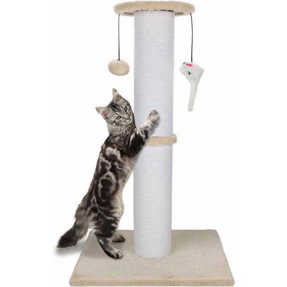 Beige 34 Inch Cat Scratching Post for Indoor Cats, Heavy Duty Tall Cotton Rope Cat Scratcher with Hanging Ball, Extra Large Climbing Post for Adult Cats, Sturdy Base
